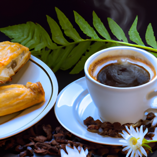 An image that showcases the versatility of chicory root: a steaming cup of rich, aromatic chicory coffee beside a plate of freshly baked chicory-infused pastries, surrounded by a vibrant array of chicory leaves and buds