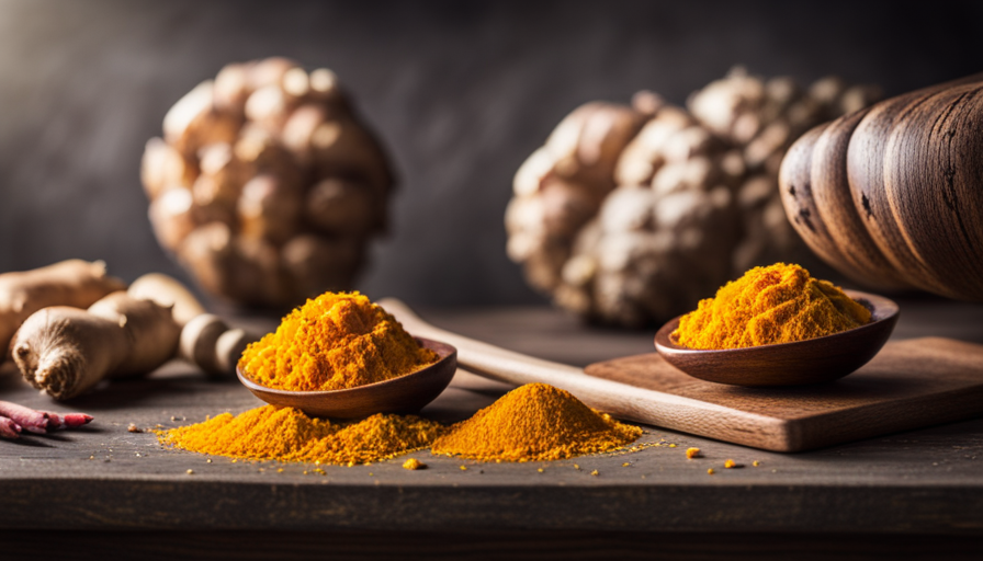 An image showcasing a vibrant yellow turmeric root being peeled and grated, releasing its aromatic and earthy fragrance