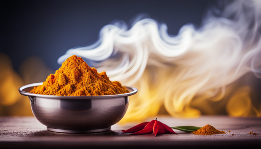 An image that showcases a vibrant, close-up shot of a hand sprinkling golden ground turmeric powder onto a steaming pot of curry, with the aroma wafting through the air and blending with colorful spices