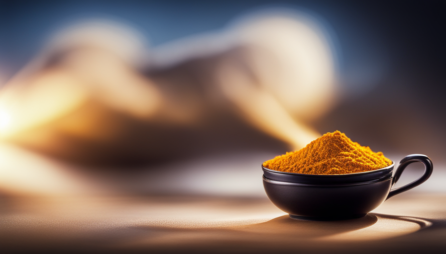 An image showcasing a steaming mug of golden-hued turmeric tea, fragrant spices swirling in the air