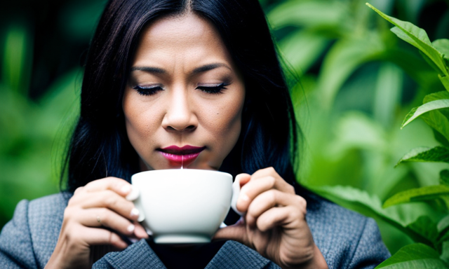 An image showcasing a serene scene with a woman sipping a steaming cup of oolong tea, surrounded by vibrant green tea leaves, hinting at the potential weight loss benefits of this aromatic beverage