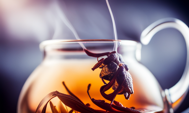 An image showcasing a vibrant oolong tea leaf unfurling gracefully in a glass teapot, immersed in steaming water