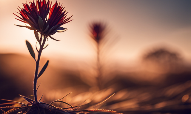 An image showcasing the vibrant red soil of South Africa, with a close-up of a Rooibos plant's delicate needle-like leaves basking in the warm sunlight, surrounded by its native fynbos vegetation