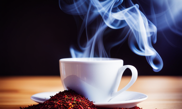 An image featuring a close-up view of a steaming cup of vibrant red rooibos tea, surrounded by a variety of fresh, colorful herbs and spices, highlighting its soothing and digestive benefits