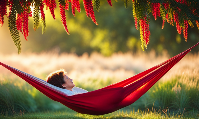 An image of a serene, sun-drenched backyard garden, with a comfortable hammock swaying gently between two tall rooibos bushes