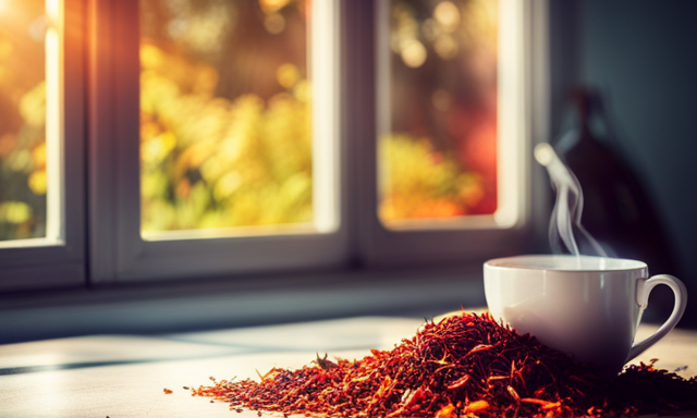 An image featuring a serene setting with a cup of steaming Rooibos tea, surrounded by vibrant red rooibos leaves