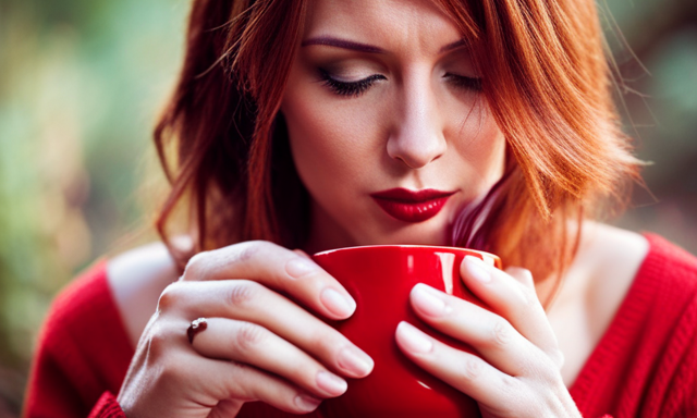 An image depicting a serene woman sipping a steaming cup of rooibos tea, surrounded by vibrant red rooibos leaves