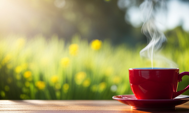 An image showcasing a serene garden scene with a warm cup of Rooibos tea in the foreground, highlighting its vibrant red color, delicate aroma, and steam gently rising, inviting viewers to explore the numerous health benefits it offers the body