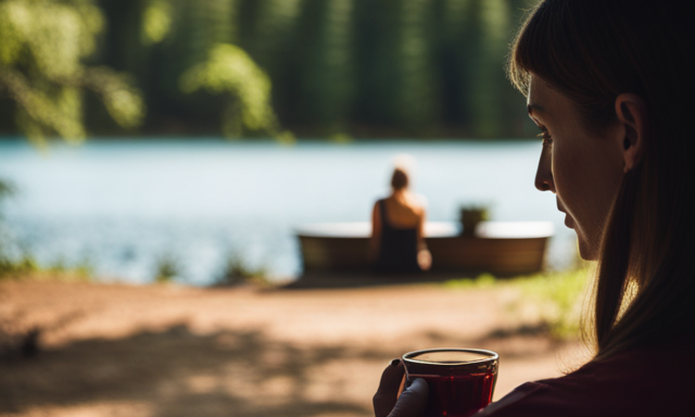An image showcasing a serene wooded landscape with a woman enjoying a cup of warm rooibos tea, her slender silhouette reflecting on a tranquil lake, emphasizing the potential weight loss benefits