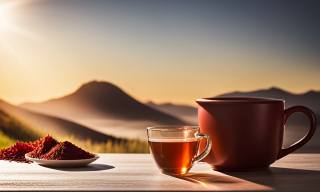An image showcasing a serene morning scene with a steaming cup of rooibos tea, surrounded by fresh fruits and a measuring tape to visually communicate the potential benefits of rooibos tea for weight loss