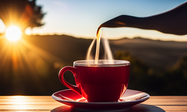 An image showcasing a serene cup of warm rooibos tea, surrounded by a lush South African landscape