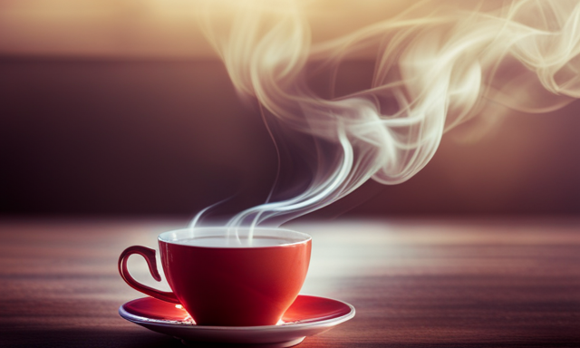 An image showcasing a steaming cup of rooibos tea, its vibrant reddish hue contrasting with the delicate porcelain