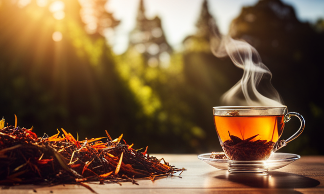 An image showcasing a steaming cup of rich amber Rooibos tea, elegantly adorned with delicate dried leaves, exuding warmth and flavor, inviting readers to explore the world of this renowned herbal infusion