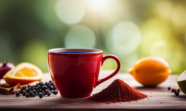 An image showcasing a vibrant red cup filled with freshly brewed rooibos tea, surrounded by a variety of colorful fruits and vegetables, radiating a sense of health and vitality