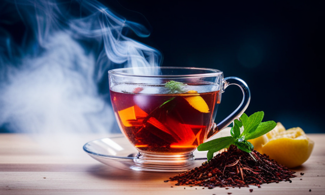 An image showcasing a vibrant teacup filled with steaming rooibos tea, surrounded by a variety of fresh, colorful fruits and herbs, portraying the natural and invigorating properties of this healthy beverage