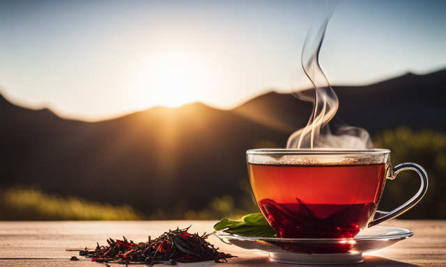 An image capturing the essence of Rooibos drinking: a vibrant cup of deep red tea, steam rising, infused with earthy tones; a delicate porcelain teacup rests on a rustic wooden table, adorned with dried Rooibos leaves