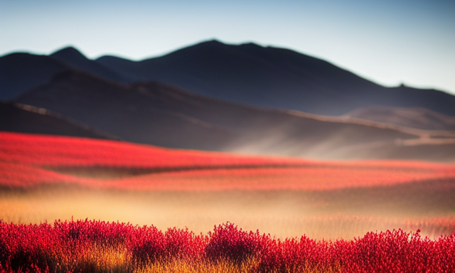 An image capturing the meticulous process of Rooibos cultivation and harvesting: rows of vibrant, needle-like Rooibos shrubs standing tall on a sun-kissed field, skilled workers delicately plucking the crimson leaves with nimble fingers