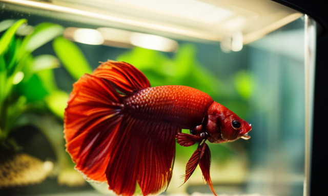 An image showcasing a serene betta fish tank, with a vibrant red rooibos tea bag gently steeping in the water, emanating a warm hue and infusing the environment with a soothing ambiance