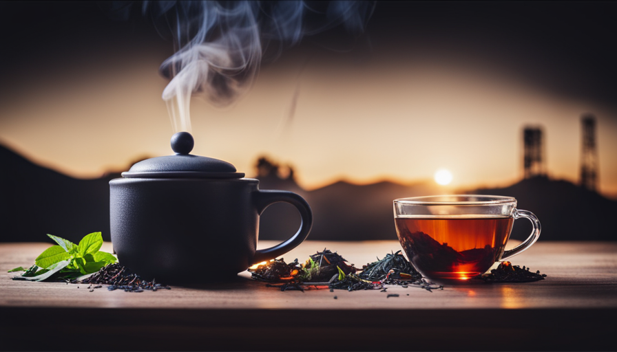 An image showcasing a steaming cup of herbal tea, surrounded by an assortment of loose tea leaves and a timer, capturing the peaceful atmosphere as the tea steeps to perfection