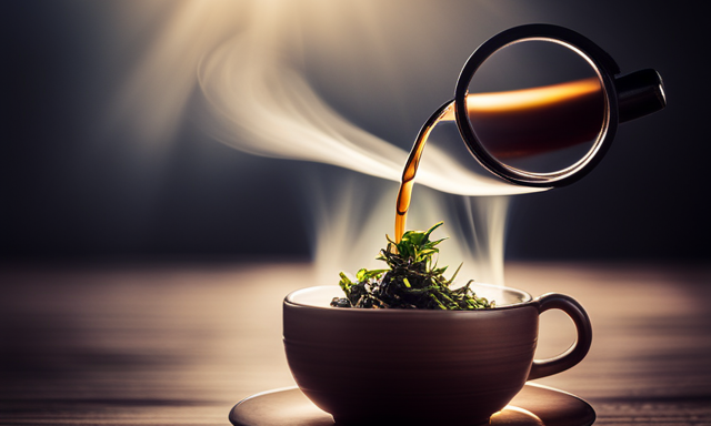 An image showcasing a porcelain teapot pouring a stream of hot water onto a cluster of rolled oolong tea leaves in a glass tea infuser, capturing the essence of the perfect steeping process