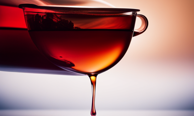 An image that captures the essence of steeping rooibos tea: a vibrant, crimson-hued liquid swirling within a transparent teapot, as delicate steam rises, infusing the air with its soothing aroma