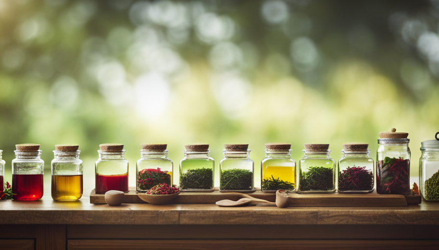 An image showcasing a serene kitchen counter adorned with an assortment of aromatic herbal teas in vibrant hues, neatly arranged in glass jars, alongside delicate tea infusers and a rustic wooden tray