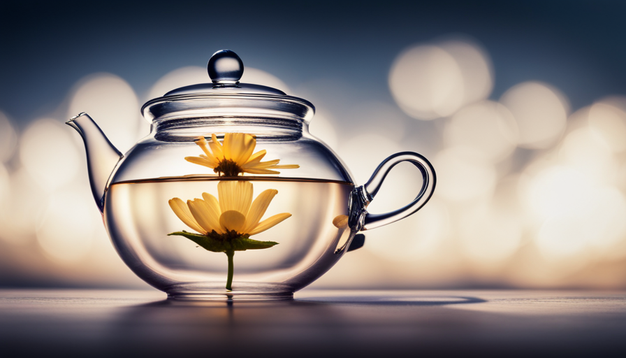 An image showcasing a delicate tea flower gracefully descending through a crystal-clear glass teapot, capturing the mesmerizing moment as it gently sinks, unveiling the passage of time in a serene display of patience and beauty