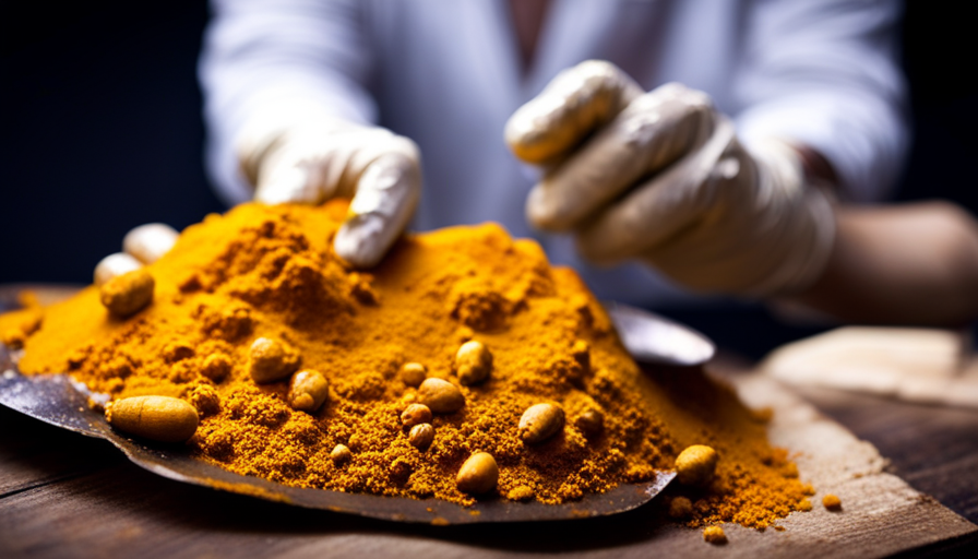 An image showcasing a close-up view of a vibrant yellow turmeric powder being gently applied onto a patch of dark spots on someone's skin, capturing the transformation process