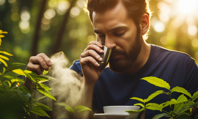 An image showcasing a serene, minimalist scene: a person sipping yerba mate, surrounded by lush greenery and warm sunlight filtering through the leaves, symbolizing the gradual departure of the beverage's effects from the body