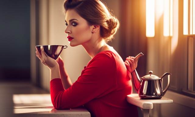 An image of a serene bathroom scene: a woman sitting on a stool, gracefully pouring a warm, vivid red liquid from a teapot onto her hair, as sunlight filters through the window, casting a beautiful glow