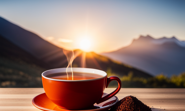 An image showcasing a vibrant, sunset-colored cup of freshly brewed Numi Rooibos tea, gently steaming, with a delicate tea bag beside it, conveying a sense of warmth and inviting aromas