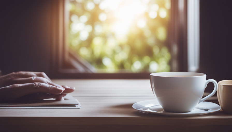 An image featuring a serene setting with a cup of steaming passion flower tea beside a relaxed individual