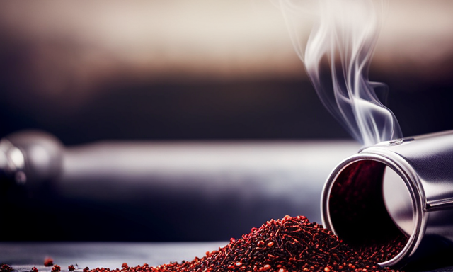 An image capturing a vibrant red rooibos tea filling a thermos, steam rising from the spout, condensation forming on the cold metal surface, showcasing the longevity of its flavors