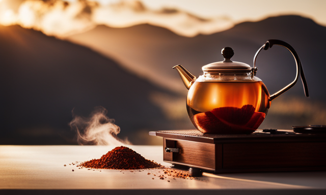 An image capturing the serene process of simmering Rooibos tea: a copper kettle gently steams on a stovetop, while delicate wisps of aromatic vapor rise from the simmering pot, infusing the air with its rich, amber hues