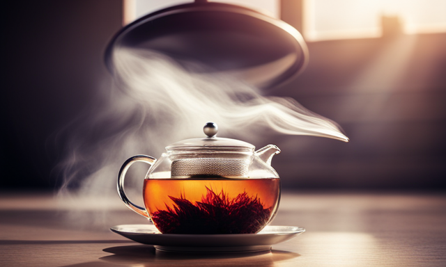 An image showcasing a serene scene of a teapot brewing Rooibos tea leaves in a sunlit room, with wisps of steam rising, evoking a calming atmosphere and capturing the anticipation of the tea's desired effects
