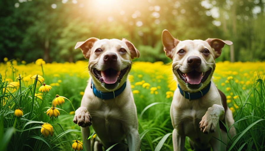 An image showcasing a happy, energetic dog playing fetch in a lush green park, surrounded by vibrant yellow turmeric plants in full bloom, symbolizing the transformative power of turmeric for dogs' health