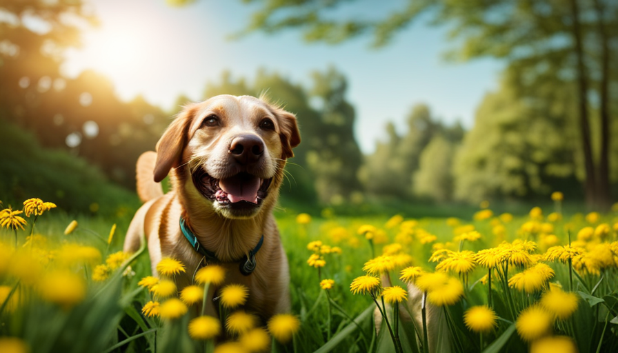 An image showcasing a happy, energetic dog playing fetch in a lush green park, surrounded by vibrant yellow turmeric plants in full bloom, symbolizing the transformative power of turmeric for dogs' health