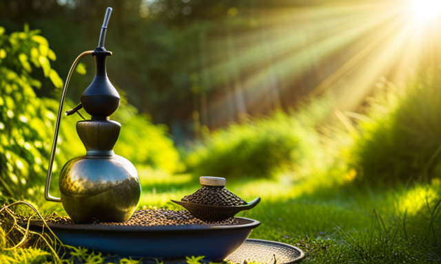 An image showcasing a vibrant, sunlit garden with a traditional gourd and bombilla, filled with rich green yerba mate