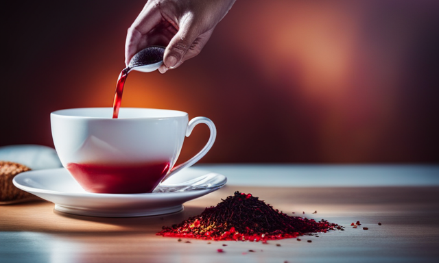the essence of red rooibos tea steeping, as the vibrant crimson liquid gracefully cascades from a teapot into a delicate porcelain cup