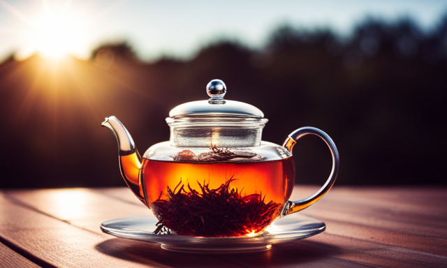 An image showcasing a serene scene: a teapot filled with vibrant red Rooibos tea leaves gently steeping in a clear glass, capturing the ethereal dance of steam rising from the teacup