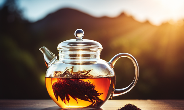 An image of a serene teapot filled with vibrant rooibos tea leaves gently steeping in a clear glass cup, the rich amber hue slowly diffusing into the hot water, capturing the essence of a leisurely brewing process