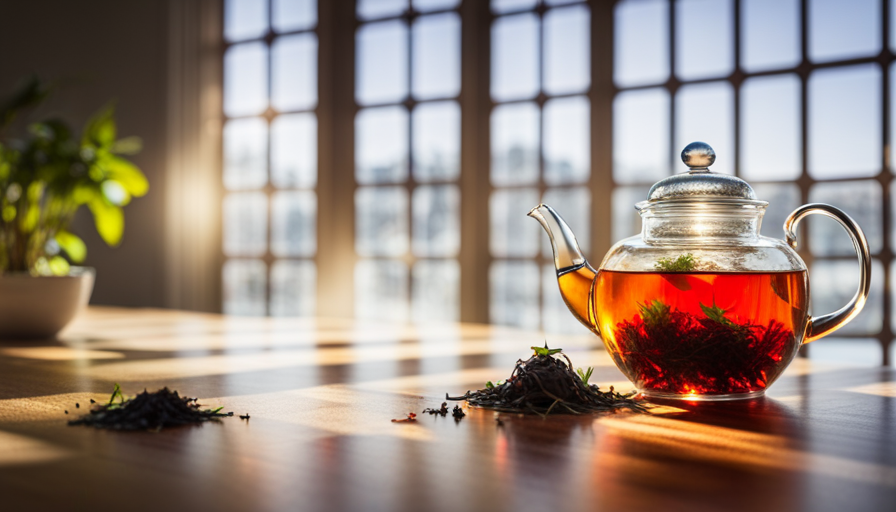 An image showcasing a serene, sun-drenched room with a glass teapot filled with vibrant, aromatic herbal tea leaves delicately steeping in hot water, enticing readers to discover the art of perfect infusion timing