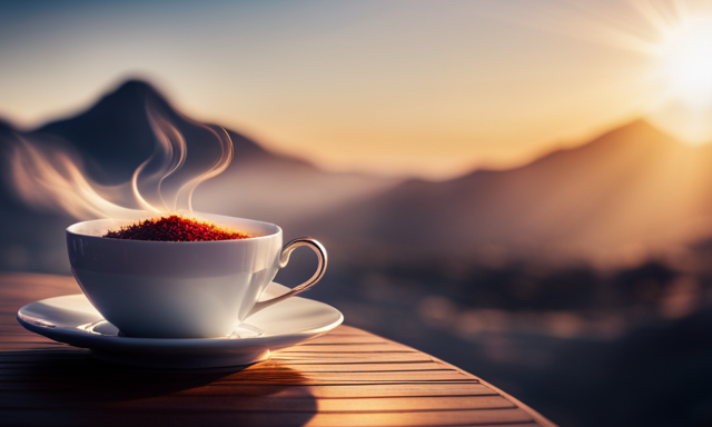 An image showcasing a serene scene: a delicate, porcelain teacup filled with vibrant red Rooibos tea, surrounded by a golden hour glow, as wisps of steam dance in the air above it