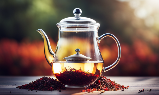 An image showcasing a serene teapot filled with vibrant red rooibos tea leaves, gently infusing in hot water
