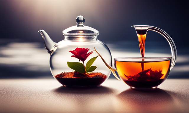 An image showcasing a serene teapot immersed in steam, with vibrant red rooibos leaves gracefully swirling in the water