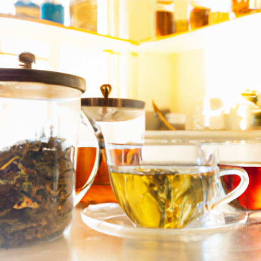 An image of a serene, sunlit kitchen with a beautifully arranged assortment of vibrant, freshly brewed herbal teas in elegant glass teacups, inviting readers to contemplate the duration of their herbal tea cleanse journey