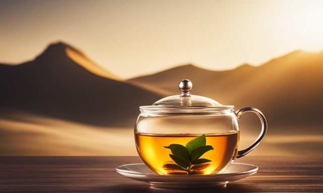 An image showcasing a serene teahouse scene, with a delicate oolong tea leaf unfurling in a glass teapot, as golden-hued tea cascades gently into a cup, capturing the essence of the perfect steeping time