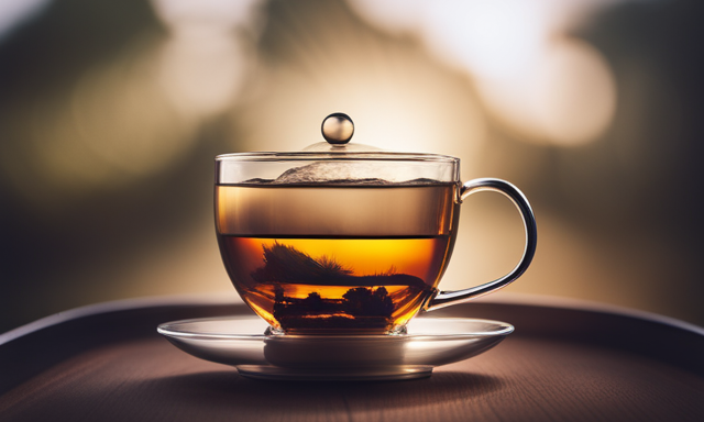 An image showcasing a serene teacup filled with golden-hued Twinnings Oolong Tea, delicately brewing in a glass teapot