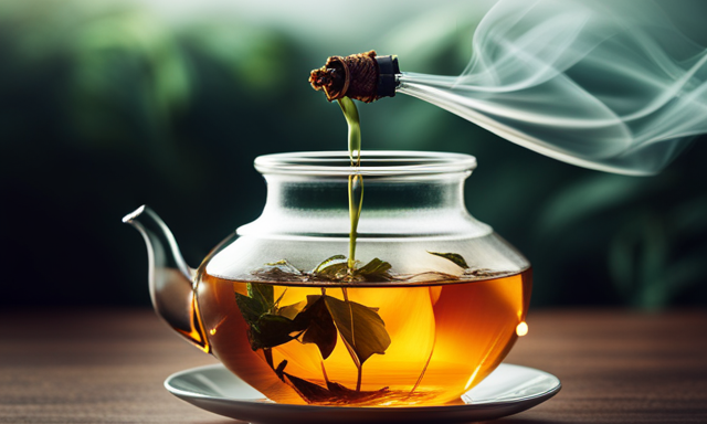 An image capturing the mesmerizing process of steeping oolong tea, showcasing delicate tea leaves unfurling gracefully in a glass teapot, as wisps of steam rise, and golden hues infuse the water