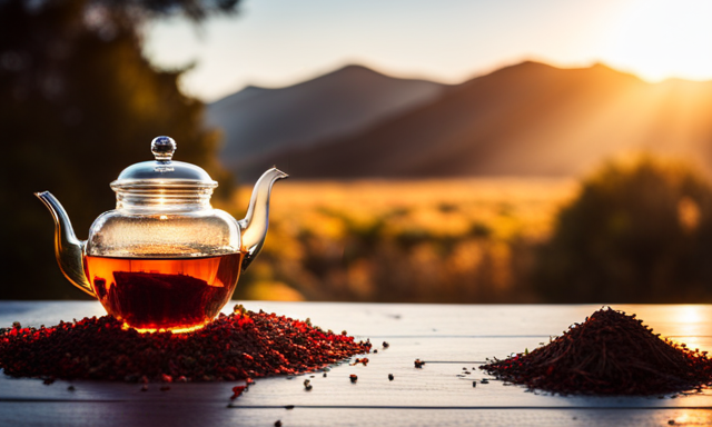 An image showcasing a serene scene of a rustic teapot filled with vibrant red Rooibos tea leaves steeping in hot water, emitting a rich aroma